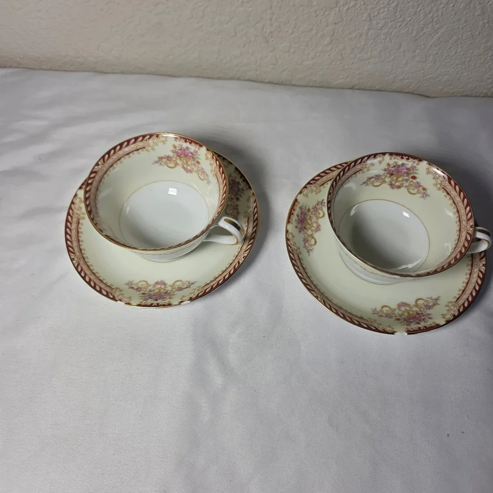 Noritake Vintage Teacup Saucer Set of 2 Floral Gold Trim Burgundy Made in Japan